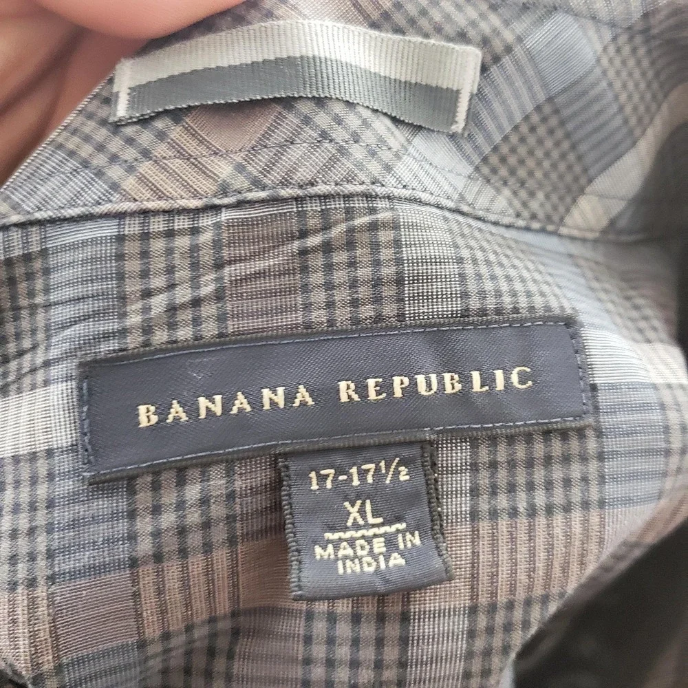 Banana Republic Shirt Mens XL Blue‎ Gray Plaid Pearl Snap Long Sleeve Western